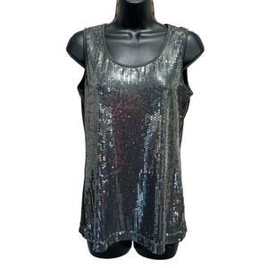 Notations Dark Gray Sequins Tank Blouse Size‎ M Sleeveless Mixed Materials